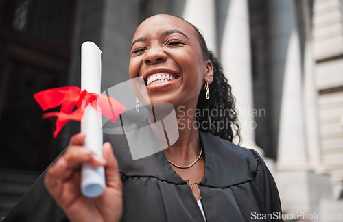 Image of Excited, black woman and graduation, diploma and celebration, university education with success and event. Graduate, certificate and happy student person outdoor with future and academic achievement