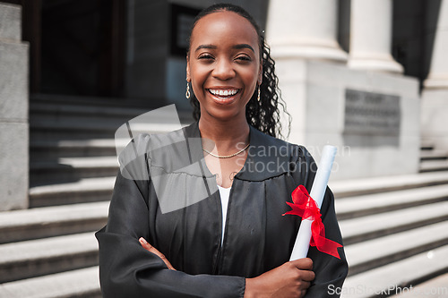 Image of Portrait, black woman and graduation, diploma and celebration, university education with success and event. Graduate, certificate and happy student person outdoor with future and academic achievement