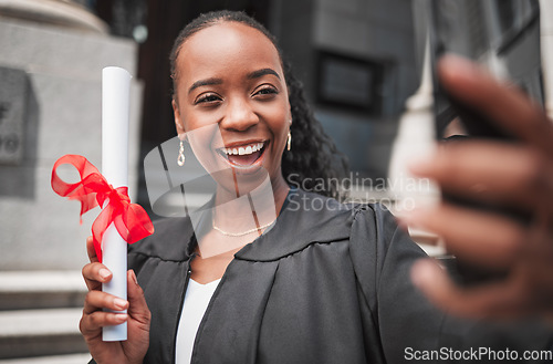 Image of Selfie, black woman and graduation, diploma and memory with celebration, university education success and event. Graduate, student person smile in picture outdoor and future with academic achievement