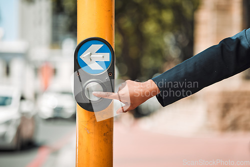 Image of Woman, hands and arrow button on road in city for pedestrian crossing signal in safe travel outdoors. Female person touching sign, symbol or crosswalk by robot for safety on street in Cape Town