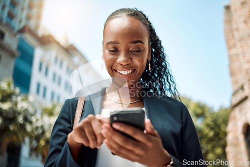 Image of Phone, walking and a business black woman in the city, searching for directions or typing a message. Mobile, smile and gps with a young female employee looking for a location on a navigation app