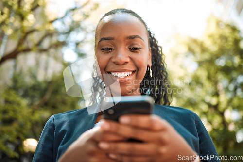 Image of Smartphone, black woman typing outdoor with social media and chat online, communication and technology. Internet connection, text message or email with closeup, female person and mobile app in nature