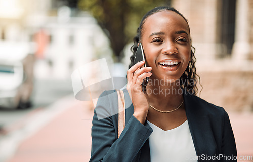 Image of Phone call, city and business woman for communication, networking and career opportunity with outdoor travel. Sidewalk, urban and happy professional african person talking and chat on mobile voip