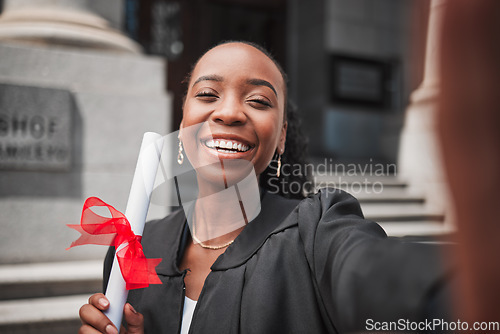 Image of Selfie, black woman and graduation, certificate and celebration memory, university education success and event. Graduate, female person smile in picture outdoor with academic achievement and happy
