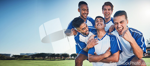 Image of Sports, mockup and a team of soccer players in celebration on a field for success in a game. Football, fitness and motivation with man friends cheering as winners of a competition on a pitch together