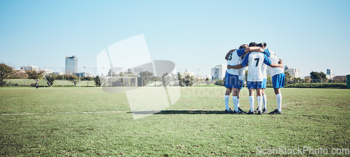 Image of Sports, mockup and a team of soccer players in a huddle on a field for motivation before a game. Football, fitness and training with man friends getting ready for competition on a pitch together