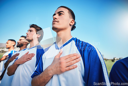 Image of Soccer team, national anthem and listening at stadium with mockup space before competition, game or match. Football, song and sports group together for pride, collaboration and serious for contest.