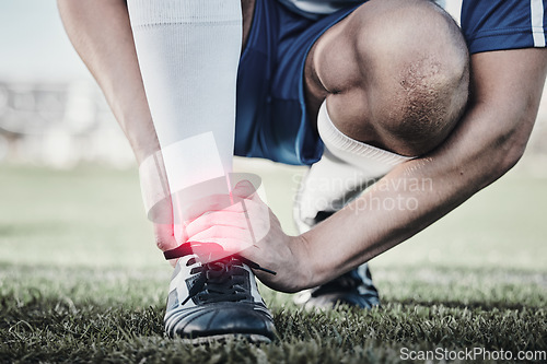 Image of Accident, sports and hand of a man on foot pain, soccer emergency and injury while training. Fitness, problem and an athlete or football player with inflammation or a swollen muscle on the field