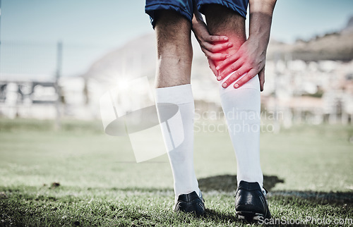 Image of Legs, red pain and hands of sports man or football player on field in graphic overlay for running or cardio injury. Workout, fitness and soccer person with training, muscle risk or medical emergency