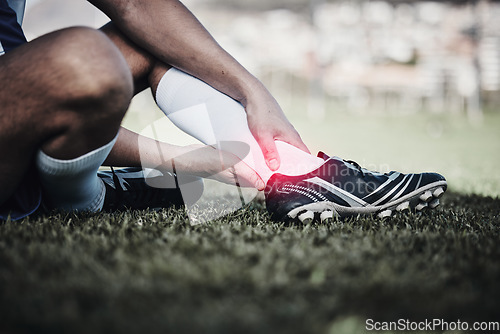 Image of Injury, soccer and a man on a field with foot pain, training accident and medical emergency at a game. Inflammation, football and a male athlete with a leg or anatomy problem during sport on grass