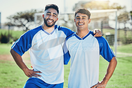 Image of Football player, team and portrait of men together on a field for sports game and fitness. Happy male soccer or athlete friends excited for challenge, competition or motivation for training outdoor