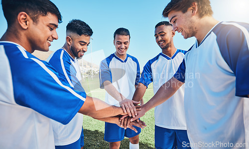 Image of Fitness, circle and soccer team with their hands together for motivation, empowerment or unity. Sports, teamwork and group of athletes or football players in a huddle before game, match or tournament