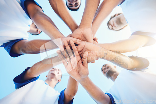 Image of Sports, circle and football team with their hands together for motivation, empowerment or unity. Fitness, teamwork and group of athletes or soccer players in a huddle before game, match or tournament