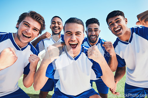 Image of Soccer player, team portrait and celebration on field for winning, fist and together for training, goals or fitness. Athlete men, group and happy on pitch for exercise, football or success in contest
