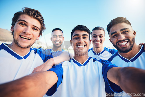 Image of Soccer player men, team selfie and field for social media post, memory and smile with friends at training. Football group, happy and photography for profile picture, sports and diversity in sunshine