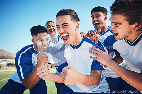 Image of Winner, goal and soccer with team and happiness, men play game with sports and celebration on field. Energy, action and competition, male athlete group and football player cheers with success outdoor