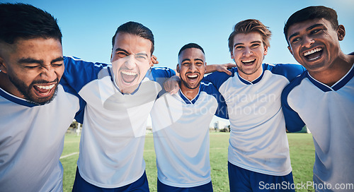 Image of Football player, game and portrait of men together on a field for sports and fitness. Happy male soccer team or athlete group for challenge, competition or motivation for training outdoor on a pitch