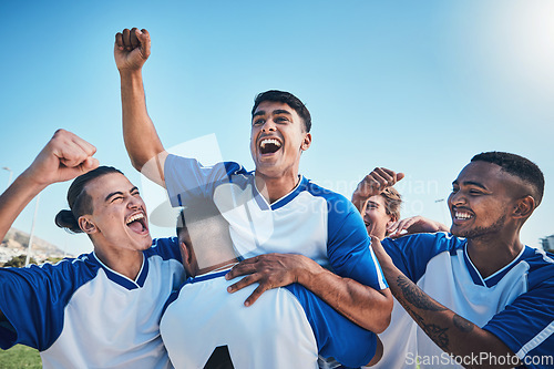 Image of Football player, winner team and people winning in competition, game or sports goals, success and cheers. Yes, wow and excited group of young men with achievement and soccer celebration on blue sky