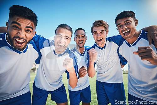 Image of Portrait, men and soccer with team and success, play game with sports and fist pump on field. Energy, action and competition, male athlete group with football player cheers and excited outdoor