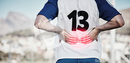 Image of Back pain, red and hands of sports person or football player in graphic overlay for running or cardio injury outdoor. Workout, fitness and soccer people with training, spine risk or medical emergency