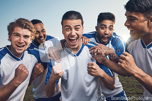 Image of Winning, goal and soccer player with team in portrait, happiness and men play game with sports and celebration. Energy, action and competition with male athlete group, cheers and success on field