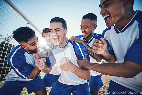 Image of Winning, goal and soccer with team and achievement, men play game with sports and celebration on field. Energy, action and competition with male athlete group, cheers and happiness with success