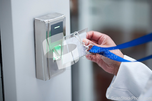 Image of Hand, key card and fingerprint for security door, entrance or access control for safety in business, facility and property. Hands, electronic keys and laser scan, technology or secure laboratory lock