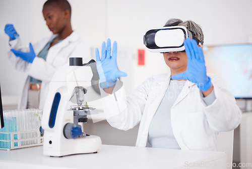 Image of Scientist, woman and virtual reality, futuristic and science study with metaverse, medical research and investigation. Biotech, 3D and female doctor, digital world experience and VR goggles in lab