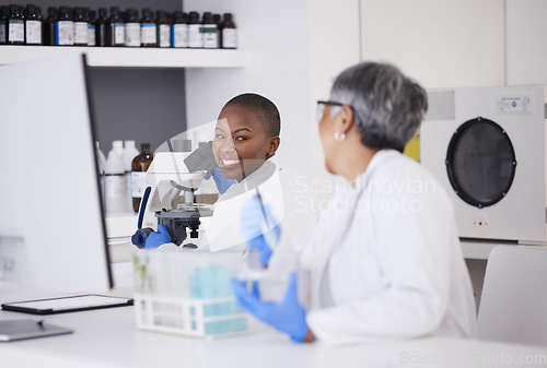 Image of Science, talking and women with research, medical and planning with happiness, funny and future medicine. Female people, collaboration and scientists with discussion, conversation and lab equipment