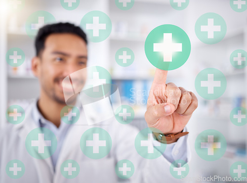 Image of Pharmacist man, hand and health with hologram cross, happy and choice with futuristic 3d overlay in store. Young pharmacy manager, icon and smile for healthcare, wellness and decision for drugs on ux