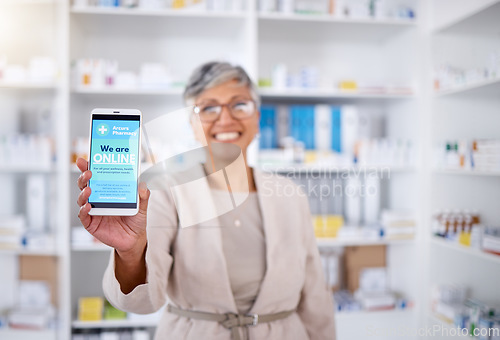 Image of Pharmacy, contact and mobile for medical with doctor in closeup with internet or blurr background. Pharmacist, woman and hand with phone screen for online in portrait at drugstore with feedback.