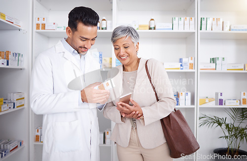 Image of Pharmacist man, senior woman and advice with box, phone and happy in store for prescription, healthcare and help. Young pharmacy manager, elderly patient and smile for customer experience with pills