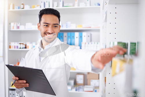 Image of Pharmacist, medicine and happy man with checklist for stock in pharmacy. Pills, inventory and Asian medical doctor with clipboard for pharmaceutical drugs, supplements and medication for healthcare.