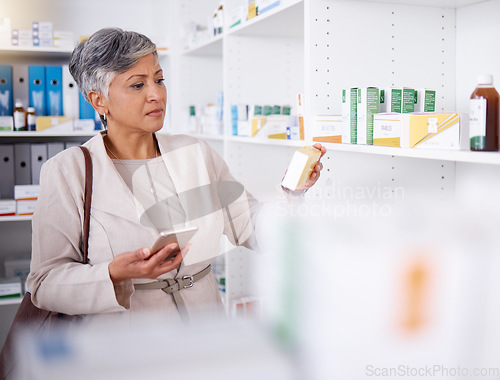 Image of Pharmacy, shelf and a woman with medicine and a phone for information or research on pills. Shopping, mature and a person in a store for medication, reading box with mobile for analysis or knowledge