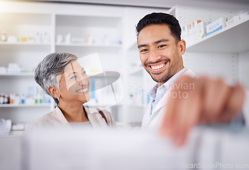 Image of Happy, senior woman and pharmacist to help, customer service or offer advice on a product, medicine or prescription. Trust, pharmacy and man helping elderly female with shopping, information or pills