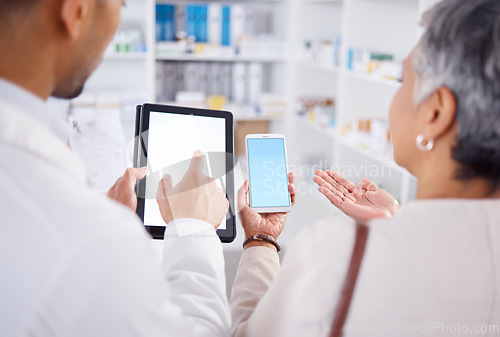 Image of Pharmacist, hands and woman blank phone for question, tablet or discussion with search for prescription. Man, senior patient and smartphone screen for information, shopping or help in pharmacy mockup