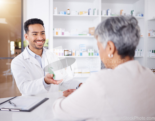 Image of Senior woman, customer service and pharmacist with advice on medicine, drugs or shopping at a pharmacy or pharmaceutical store. Helping, medical expert in retail and conversation about healthcare