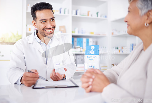 Image of Customer service, senior woman and pharmacist with advice on medicine, drugs or shopping at a pharmacy or pharmaceutical store. Helping, medical expert in retail and conversation about healthcare