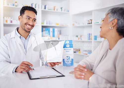 Image of Medicine, senior woman and pharmacist with advice on prescription drugs or shopping at a pharmacy or pharmaceutical store. Helping, medical expert in retail and conversation about healthcare