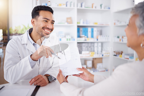 Image of Pharmacist, advice and senior woman with prescription medicine, drugs or shopping at a pharmacy or pharmaceutical store. Helping, medical expert with information and conversation about healthcare