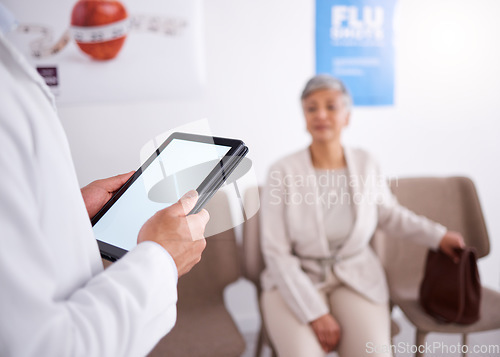 Image of Tablet, doctor and senior woman in waiting room, office or sitting on a chair or medical information, insurance or telehealth. Elderly female, nurse or pharmacist with technology for online results