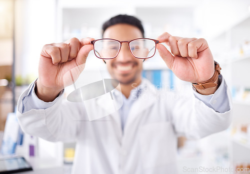 Image of Hands, man and optometrist with glasses for vision, eyesight and prescription lens. Frame, ophthalmology and doctor with spectacles, eyewear for wellness and optician in store for medical healthcare