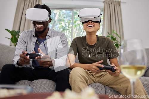 Image of Funny couple, vr and gaming on sofa in home living room, happy and laughing together. Virtual reality, couch and African man and woman play 3d game, metaverse and esports with futuristic technology.