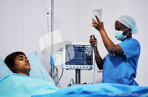 Image of Hospital, nurse with face mask and iv drip for patient in bed, clinic or medical emergency, surgery and person with life insurance. Nursing, doctor or surgeon with medicine or healthcare worker