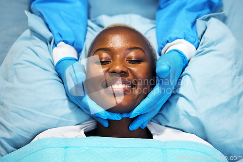Image of Beauty, smile and hands of surgeon on black woman face in clinic for plastic surgery, skincare or chemical peel. Medical, facial and female consulting dermatologist on anti aging, collagen or filler