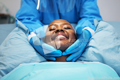 Image of Smile, beauty and hands of surgeon on black woman face in clinic for plastic surgery, skincare or chemical peel. Medical, facial and female consulting dermatologist on anti aging, collagen or filler