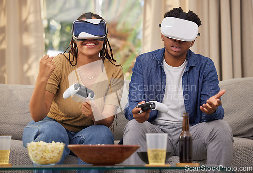 Image of Man, woman and virtual reality video game and challenge, competition winner and futuristic gaming date at home. Metaverse, fist pump and digital world, couple in living room with 3D games and tech