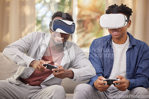 Image of Friends, virtual reality video game and challenge, metaverse and futuristic gaming at home with esports. Competition, VR goggles and digital world, men in living room with 3D games and technology