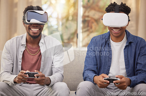 Image of Friends, virtual reality video game and challenge, competition and futuristic gaming at home with esports. Metaverse, VR goggles and digital world, men in living room with 3D games and technology