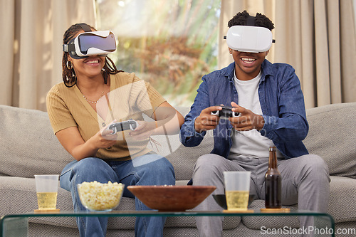 Image of Couple in digital world, virtual reality and video game, esports and people at home on futuristic gaming date. Time together, metaverse with man and woman in lounge, 3D games and tech with challenge